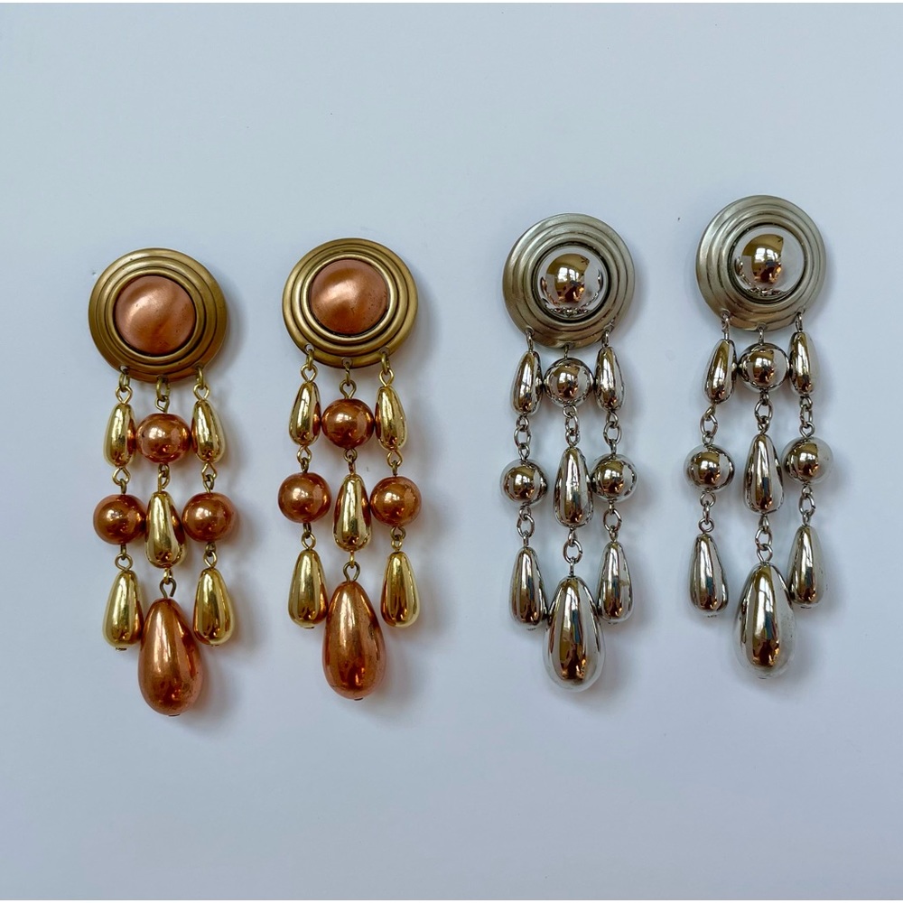 2 Pair Saucer Lightweight Metal Dangle Earrings, Silver, Gold & Copper Tones